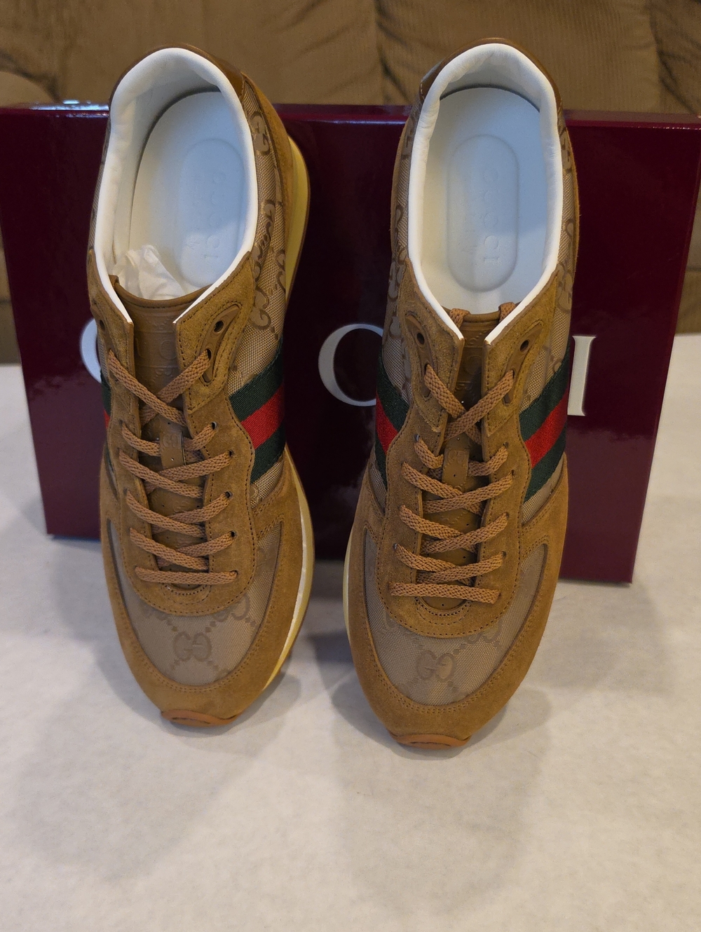 Gucci Men’s Tan GG Supreme Sneakers with Green-Red Web